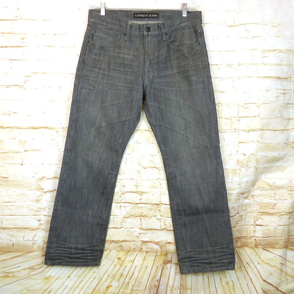 Express Jeans Mens 32X30 Gray Blake Loose Fit Boot Cut Whiskers Cotton Blend